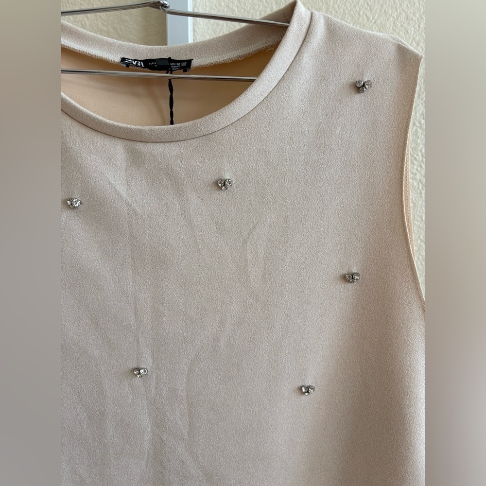 NWT - Zara Faux Suede Rhinestone Mini Dress in Cream - Size XL - Picture 3 of 4